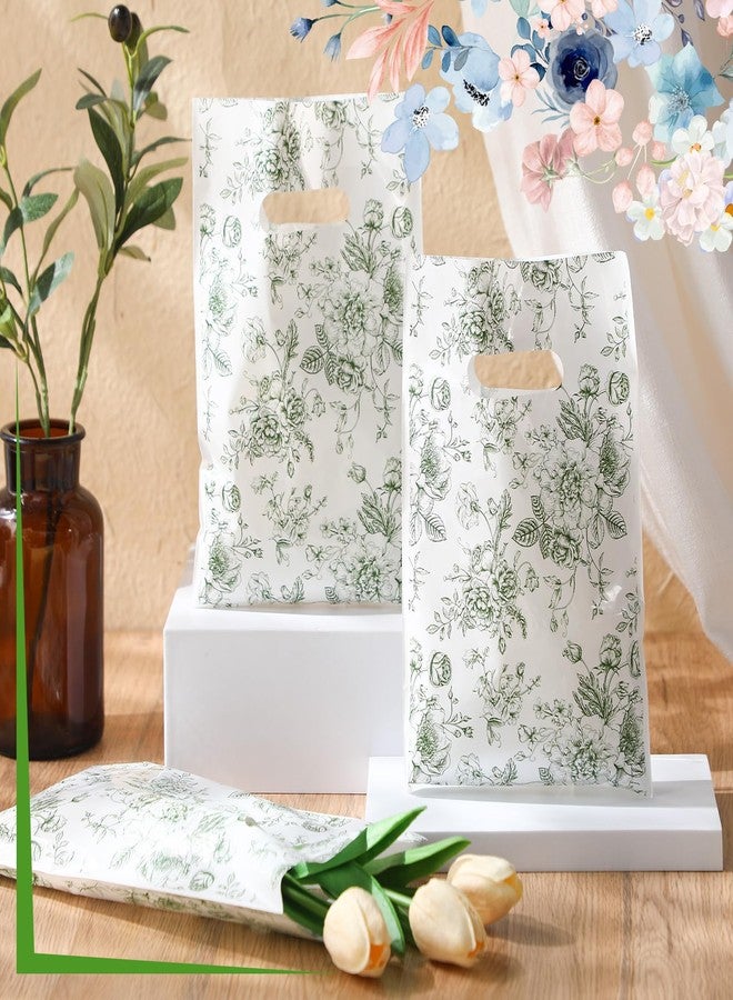 Supervitae 100 Pcs Plastic Green Gift Bags Flower Party Favor Bags Bulk with Handles for Birthdays Weddings Bridal Baby Showers Snacks Goodie Candy Treat Tea Party Supplies - Image 2